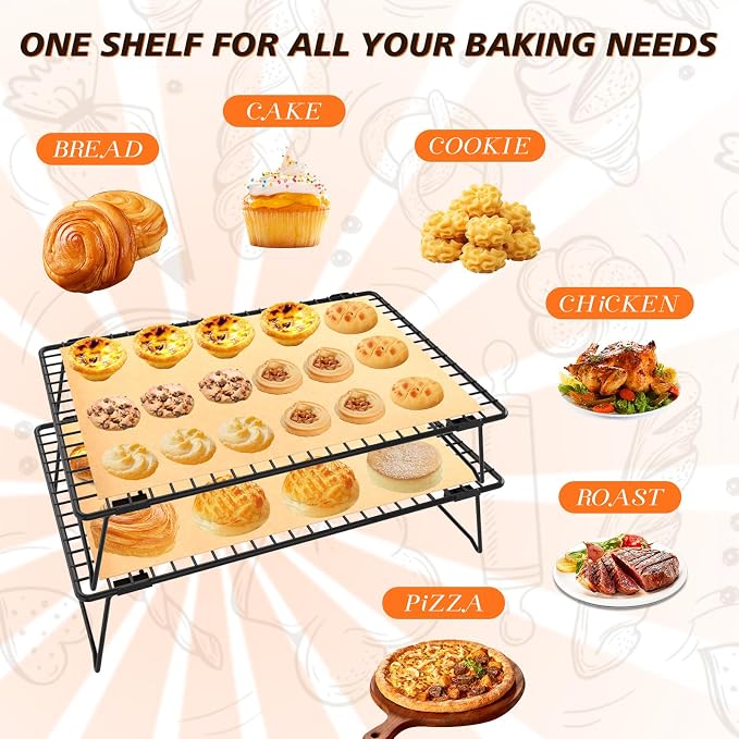 2-Tier Stackable Cooling Rack with Legs, 13"x 9" Nonstick Collapsible Wire Rack with 50 Pcs Parchment Paper for Baking Cookies, Cakes, Bread, Pizza