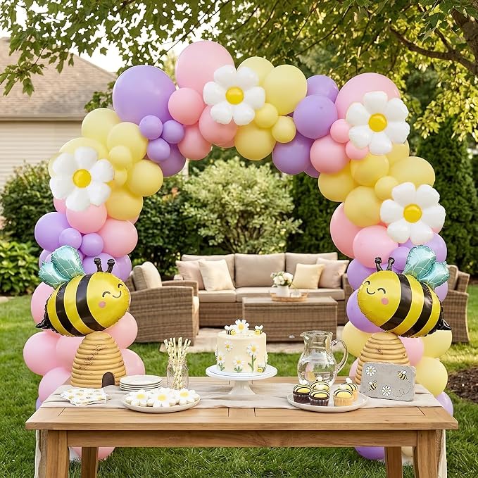 Bee Balloon Garland Arch Kit 121Pcs Macaron Pink Purple Yellow Latex Balloons with Bee Daisy Foil Balloons for Lemonade Birthday Honeybee Party Baby Shower Spring Garden Party Decor