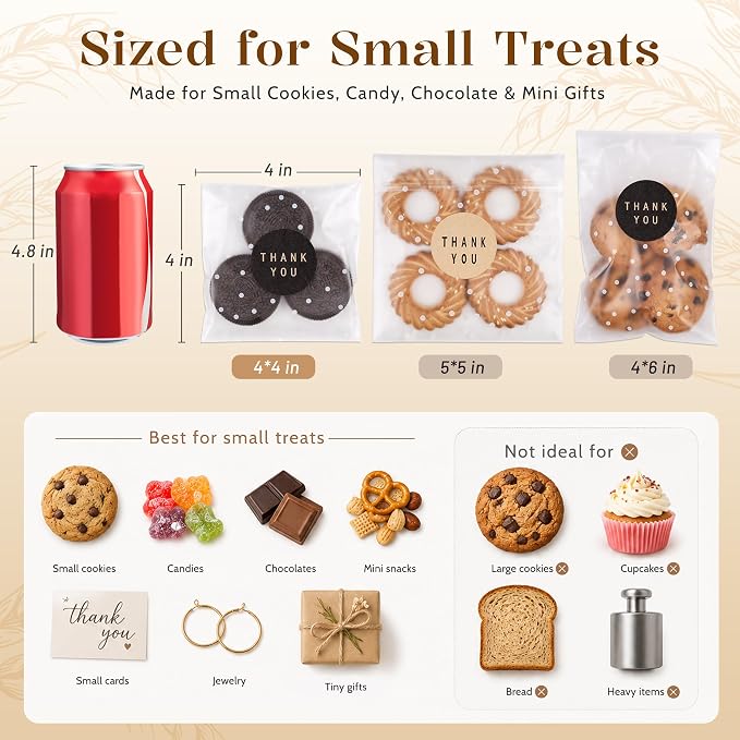 NPLUX 200PACK Self Sealing Cellophane Treat Bags Clear Cookie Bags for Gift Giving with Stickers, Party Favor, Graduation Gift Bags(White Polka Dot, 4X4INCH)