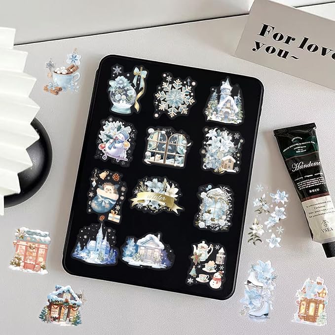 50 Pcs PET Transparent Cartoon Winter Stickers, Waterproof Vinyl Winter-Themed Decals for Laptop Skateboard Luggage, Snowy Scene Stickers Gift for Kids Teens Adults (Winter Day)