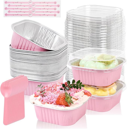 100 Pcs Mini Cake Pans with Lids, 5oz Square Aluminum Foil Brownie Baking Cups, Dessert Cupcake Cups with lids, Disposable Loaf Pans Cupcake for Wedding Birthday Party (Pink)