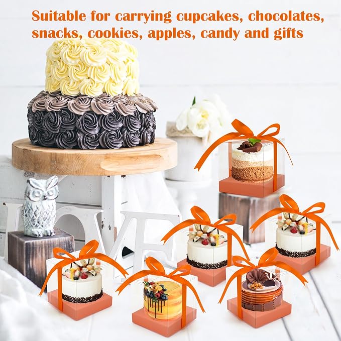 12 Pack Clear Plastic Cupcake Boxes, 3.5 Inch Gold Single Cupcake Containers Disposable Individual Cup Cake Carrier Holder Boxes with Inserts and Ribbon (Orange)