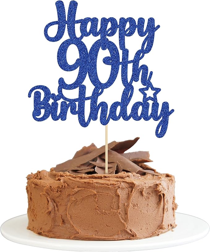 Gyufise 1Pc Happy 90th Birthday Cake Topper Glitter 90 & Fabulous Cheers to 90 Years Old Birthday Cake Pick for Celebrating 90th Birthday Anniversary Party Cake Decorations Supplies Blue