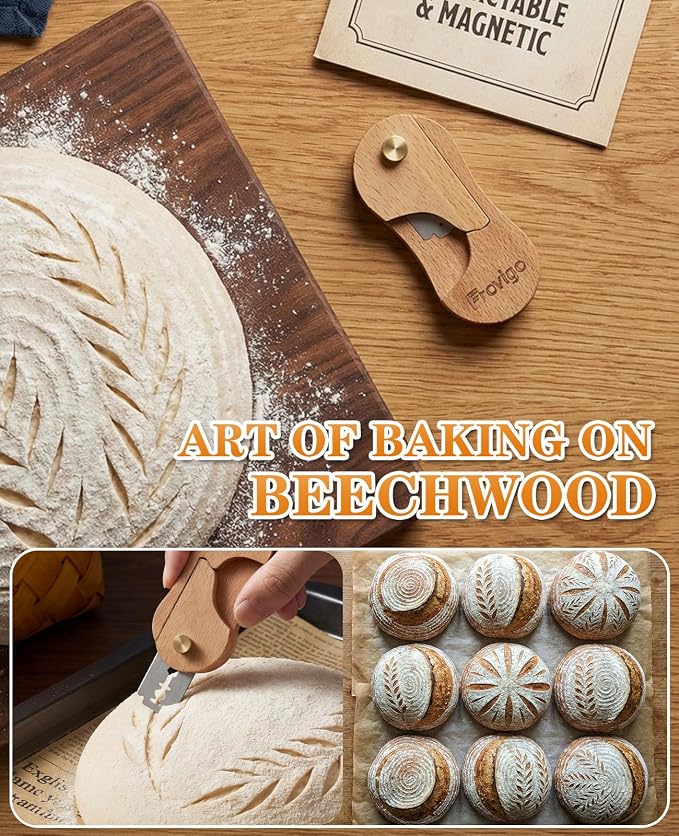 Bread Lame Dough Scoring Tool with Extractable & Magnetic, Wooden Sourdough Scoring Tool with 5 Retractable Razor Blades, Professional & Multi-Purpose Bread Knife Slashing Supplies for Baking