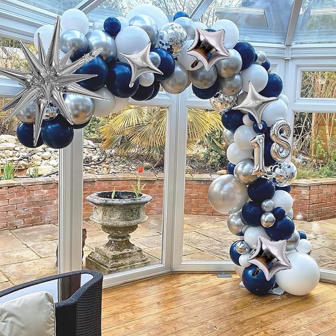Blue Silver Balloon Garland Arch Kit, Navy Blue White Balloon Arch Kit, Metallic Silver Confetti Balloons Star Foil Balloons for Graduation Birthday Wedding Baby Shower Eid Ramadan Party Decorations