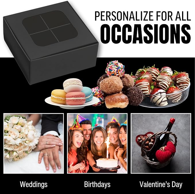25 pcs Black Mini Truffle Box for 4 Treats with Window and Dividers, Bakery Boxes, 3.5 x 3.5 x 1.57 Inches VERY SMALL Baking Boxes, Square Truffles Box for Gift Giving