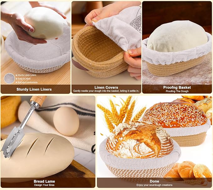 Sourdough Bread Baking Supplies, Complete Sourdough Starter Kit, 9" Round & 10" Oval Bread Proofing Basket with Sour dough Starter Jar, Bread Making Tools Gifts for Bakers Women Wife Mom