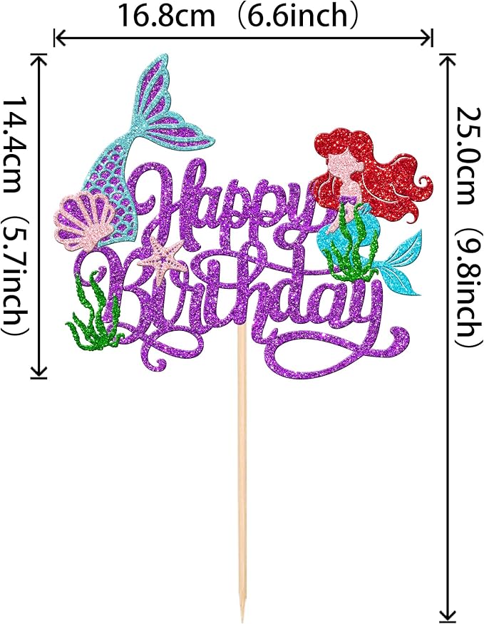 1 PCS Mermaid Happy Birthday Cake Topper - Glitter Ocean Starfish Seawood Seashells Tail Cake Decoration for Under the Sea Theme Baby Shower Birthday Party Supplies Purple