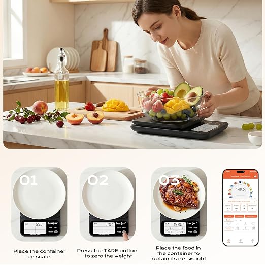 Smart Kitchen Food Scale with Nutritional Calculator, Free App & Bluetooth with 30 Nutrients, Calorie & Macro Tracking, Personalized Goals, Food Preload, Barcode Scan, Coffee Scale Mode, 11lb/5kg