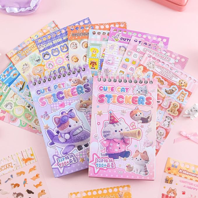 Girl's Cute Sticker Book, Cartoon Cat Theme - 700+ Cute Animal Style Foodie Stickers, for DIY Scrapbooking Journaling Handbook Decoration