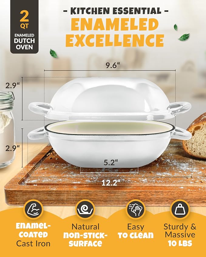 CRUSTLOVE Loaf Pan for Bread Baking - incl. Sourdough Bread-Baking Supplies like Banneton Bread-Proofing Basket - 2QT Enameled Oval Cast Iron Dutch Oven, Bread-Oven, Sour Dough Bread-Banking-Pan Tools
