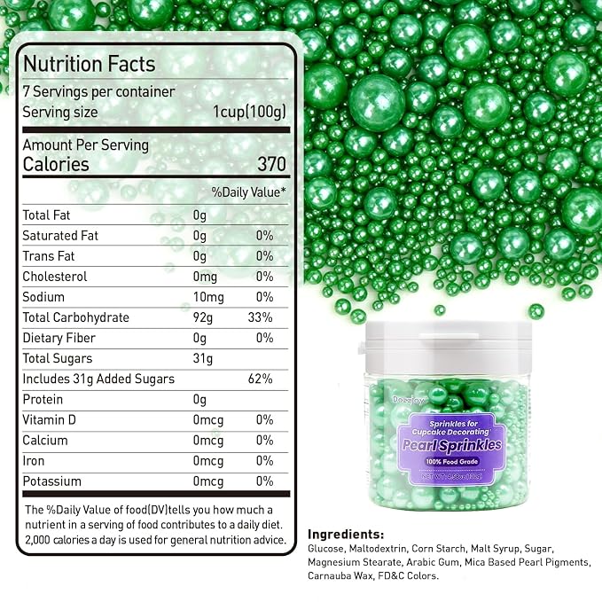 Deep Green Pearl Sugar Candy Sprinkles, 130g/4.58oz, Edible Green Sugar Pearls Sprinkles for Cake Decorating, Baking Cake Decorations, Cupcakes, Cookies, Party Holiday Supplies