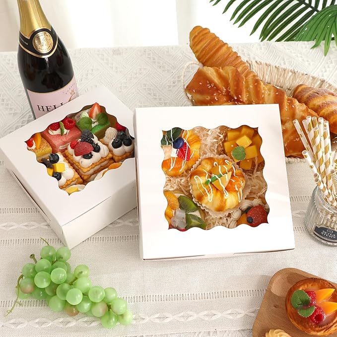 Moretoes 30pcs Bakery Boxes, 8x8x2.5 Cookie Boxes with Window, White Treat Containers for Donuts, Chocolate Strawberries, Pie, Birthday Party, Mother's Day, Weddings