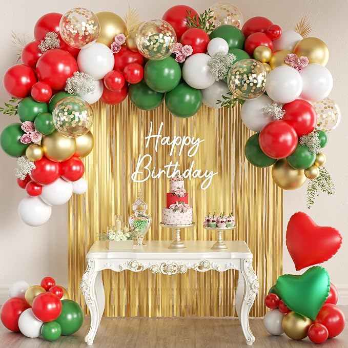 Red Green White and Gold Christmas Balloon Garland Arch Kit with Fringe Curtain for Birthday Baby Shower Winter Wedding Holiday Office Ugly Sweater Party Decorations