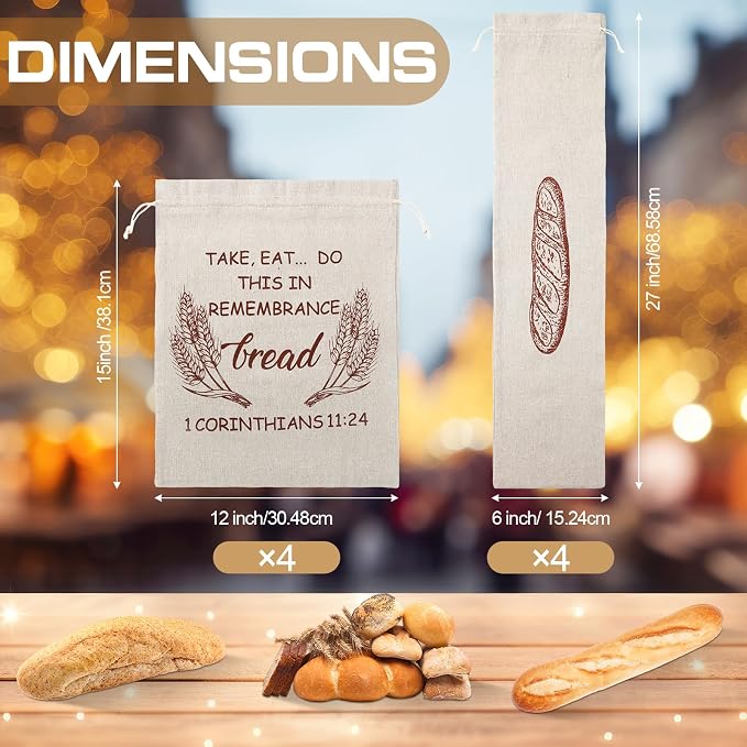 Woanger 8 Pcs Linen Bread Bags, Reusable Sourdough Bread Storage Bags with Drawstring, 12 x 15 Inch 6 x 27 Inch Burlap for Homemade Artisan Breads, Keeps Breads Fresh Longer, Gift(Scripture Pattern)