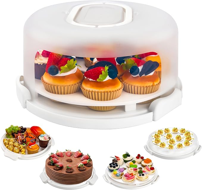 NPLUX White Cake Containers with Lids Round Plastic Cupcake Holders 4-in-1 Multipurpose Cake Carrier Holder for 11 Inch Cake Pies Cupcake Eggs Fruit or Snack Transport