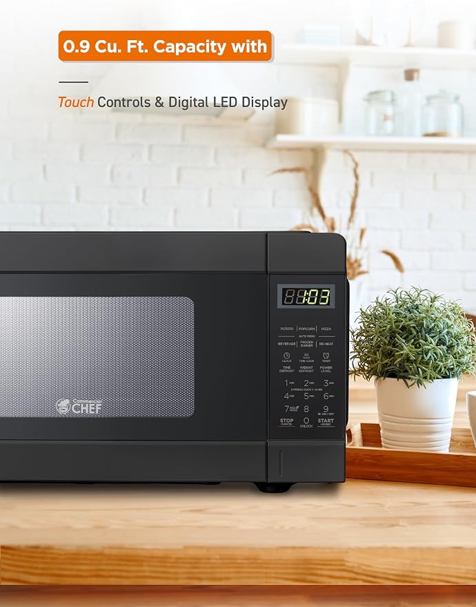 COMMERCIAL CHEF 0.9 Cu Ft Microwave with 10 Power Levels, Push Button and Child Lock, Digital Controls, Countertop Microwave with Timer and Quick-Touch Menu, Black