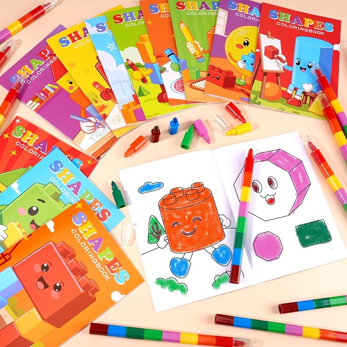 BenLouis 12 Building Block Mini Coloring Books Kids with 12 Stacking Crayons Geometric Shapes Party Favors Small Activity Books Bulk for Kids Building Party Gift Goodie Bag Stuffers