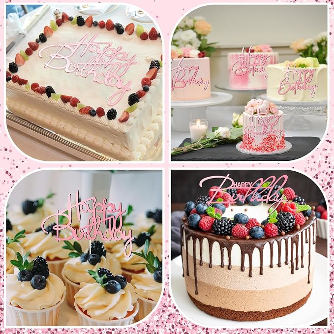 Barydat 24 Pieces Pink Happy Birthday Cake Toppers Mirror Acrylic Cupcake Topper Happy Birthday Sign for Cake Side Cupcake Decorations, 6 Styles