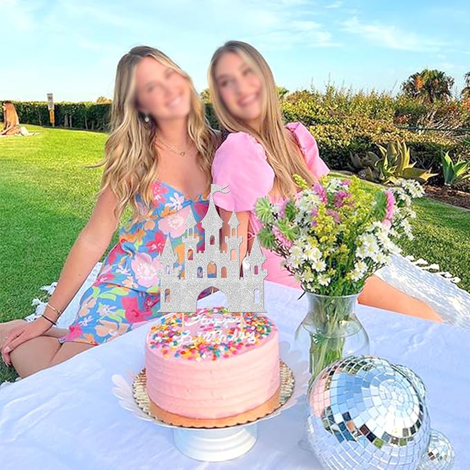1 PCS Princess Castle Cake Topper Glitter Princess Cake Topper Queen Castle Theme Birthday Party Cake Decoration for Girls Princess Baby Shower Happy Birthday Party Decorations Supplies Silver