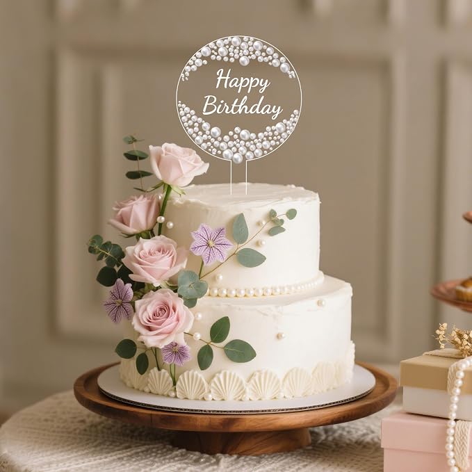 Coucoland Birthday Cake Topper - Round Acrylic Cake Decor with Elegant Pearls for Party Supplies