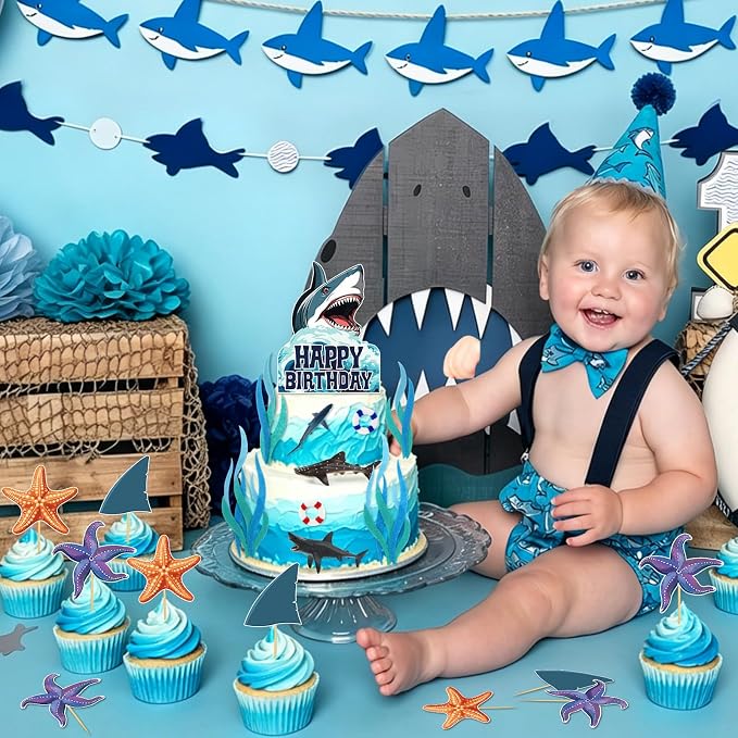 Hooqict 24Pcs Shark Cake Decorations Set with Mini Sea Animals Shark Cake Toppers & Cupcake Toppers for Ocean Theme Under the Sea Birthday Party Decorations Supplies