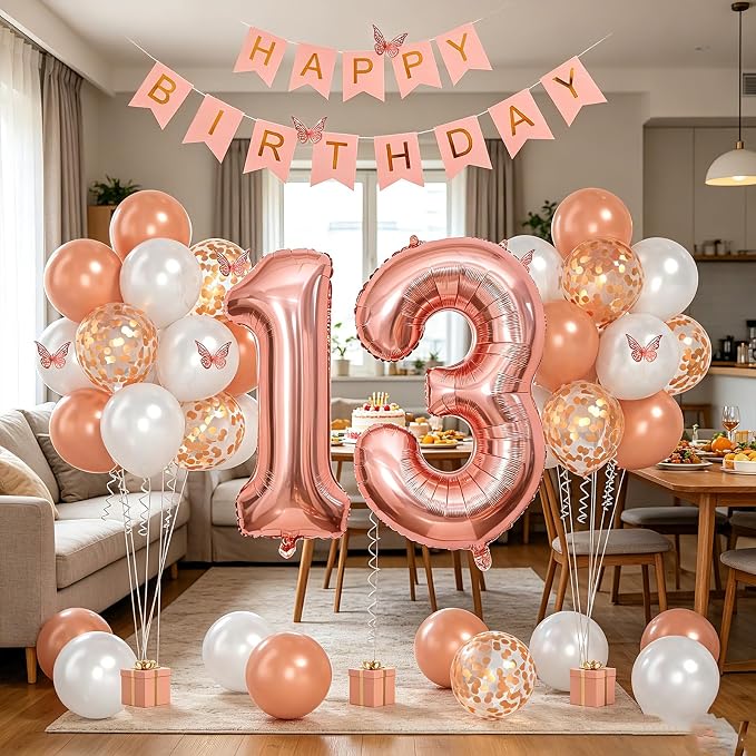 13th Birthday Decorations For Girls -Rose Gold Pearl White Balloons, 32 Inch Rose Gold "13" Balloon, 3D Butterflies Stickers, Happy Birthday Banner For Teen Girl 13th BD Decorations