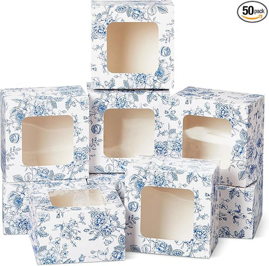 50 Pack Blue Floral Cookie Boxes with Window, Chinoiserie Small Bakery Treat Boxes for Pastry Donuts Macaroon Cupcakes, Wedding Bridal Shower Birthday Tea Party Baby Shower Favors