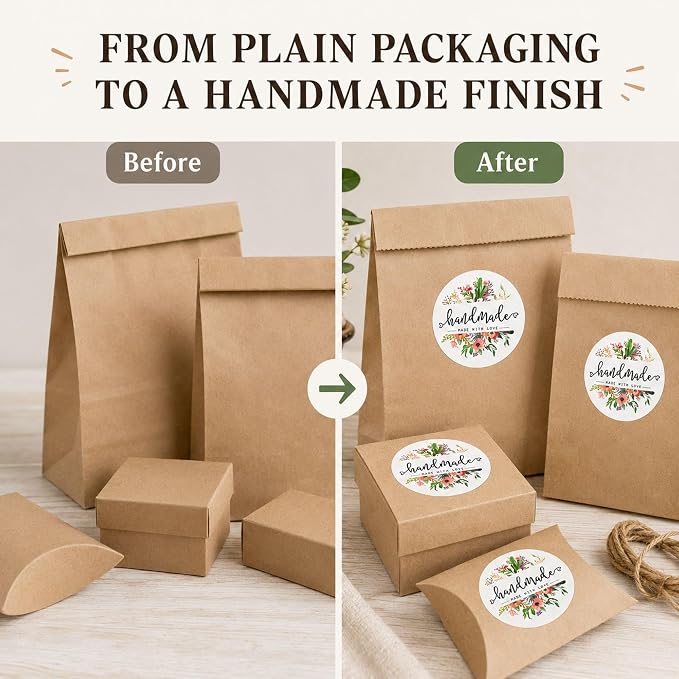 Handmade with Love Packaging Stickers: Made with Love Labels for Makers | 120pcs 1.6 Inch Paper Stickers For Handmade Product Packaging Kraft Bags Gift Boxes And Craft Orders