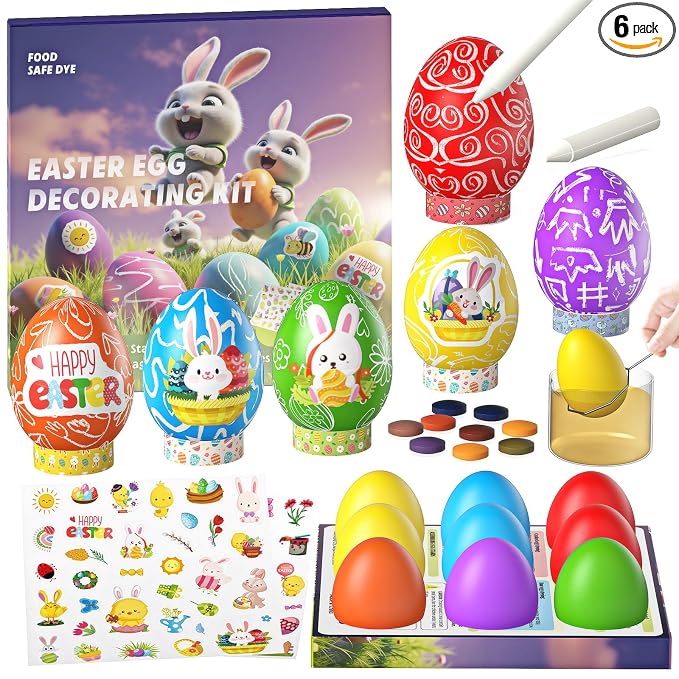 Easter Egg Decorating Kit with 9 Food Coloring Dye Tablets, 68 Stickers, Magic Crayons & 9 Egg Stands | Non-Toxic, Edible Food Dye DIY Craft Set for Easter Celebrations & Party Supplies