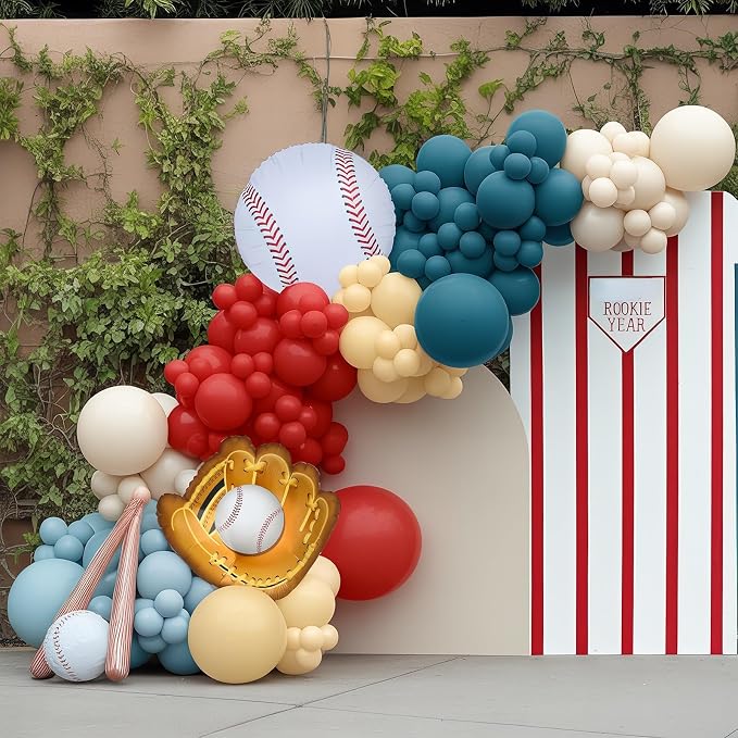 Baseball Balloon Arch Kit, 4th of July Balloon Arch Red Dusty Slate Blue Ivory Nude Balloons Garland With Baseball Foil Balloons for Men Boys Baseball Birthday Party Decorations Sport Patriotic Party