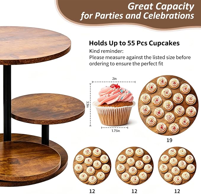 4 Tier Round Cupcake Tower Stand for 50 Cupcakes, 360° Rotating Large Wood Cake Stand with Tiered Trays Dessert Table Display Set Round Cookie Tiered Tray Stand for Wedding Birthday Graduation Party Tea Time