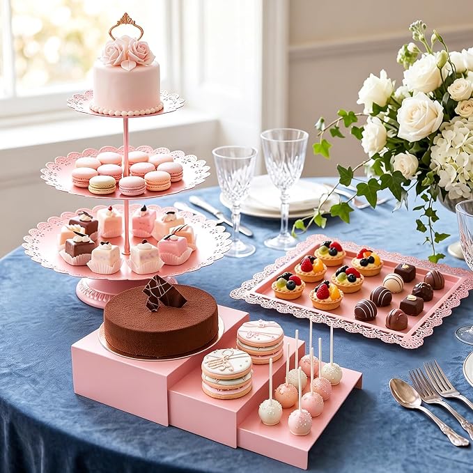 HAISIWLKJ 10 Pcs Pink Cake Stand Set Metal Cupcake Stands, Multiple Styles Dessert Display Tower for Candy Fruit, Cake Serving Trays for Birthday, Wedding, Anniversary, Baby Shower, Engagement Party