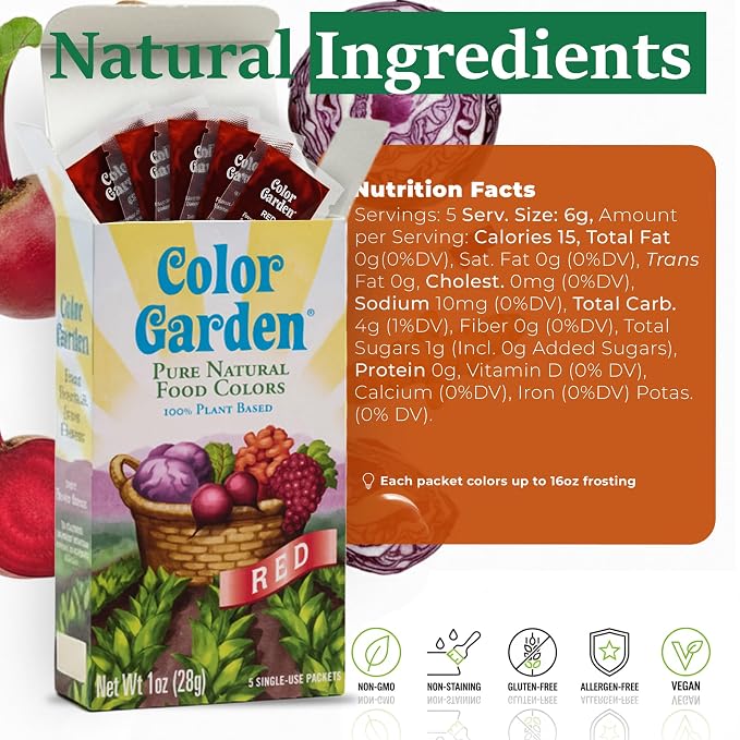 Color Garden Pure Natural Food Coloring, Red – 5 ct 1 oz | Plant-Based, Vegan, Non-Toxic Liquid Food Dye, Healthy Food Coloring