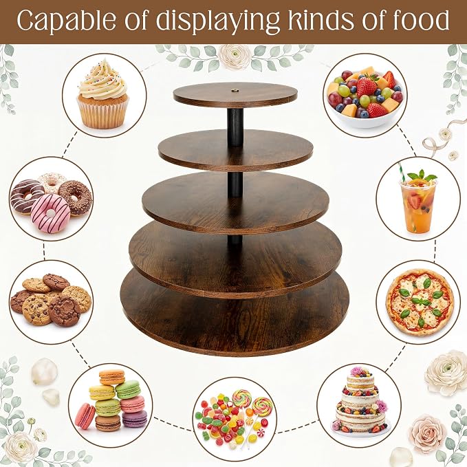 Funnymoom 5 Tier Large Round Cupcake Stand for 100 Cupcake Rustic Cupcakes Tower 360° Rotatable Wooden Cupcakes Holder Table Display Dessert Stand for Birthday Graduation Baby Shower Wedding 20.9''