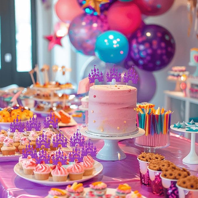 24 PCS Castle Cupcake Toppers Princess Cupcake Toppers Castle Theme Birthday Party Decoration Princess Party Supplies Princess Birthday Cake Decoration for Girls Princess Baby Shower Supplies Purple