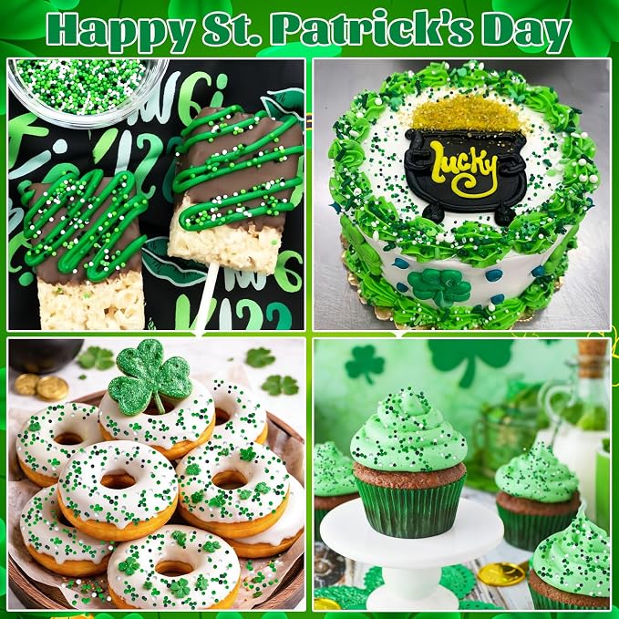 St. Patrick's Day Sprinkles 4.6 Oz /130g Green Sprinkle for Cake Decorating | Edible White Green Mini Pearls Sprinkles Sweet Luck Sprinkles for St. Patrick's Day Christmas Themed Cake Cupcake Toppings