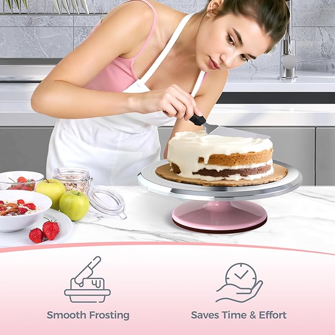 Ohuhu Cake Turntable, Aluminium 12'' Cake Decorating Kit Supplies Rotating Stand Revolving Spinner with 2 Icing Spatula 3 Comb Smoother Perfect Gifts