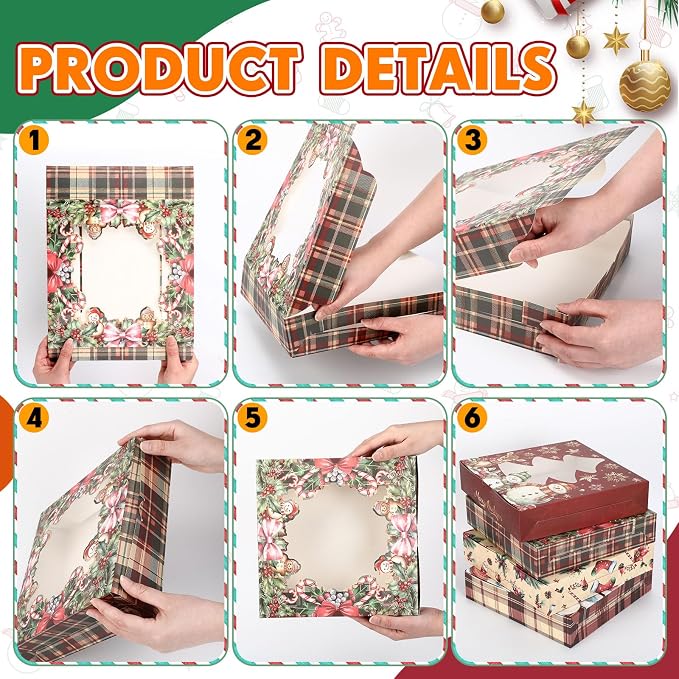 Affrolling 24 Pcs Pie Boxes 10 x 10 x 2 Inch Bakery Boxes with Window for Pies, Cookies and Pastries(Christmas Snowman)