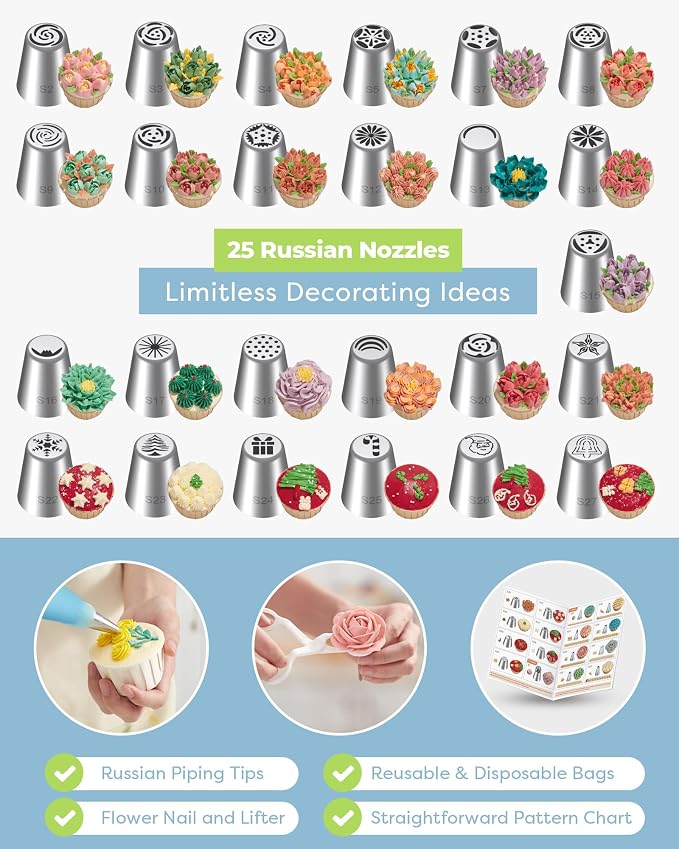 Kootek 90Pcs Russian Piping Tips Set, Piping Bags and Tips Set with 25 Russian Tips, 23 Icing Tips, 1 Ball Tip, 30+1 Pastry Bags, 3 Couplers, 4 Bag Ties for Cake Decorating, Cupcake, Cookie, Baking