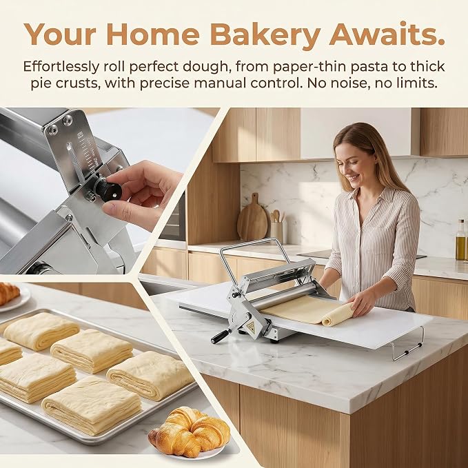 Dough Sheeter Manual, Adjustable Reversible Roller Machine for Bakery, 0-25mm Thickness for Croissants, Danish Pastries & Puff Pastry, Compact & Easy to Use