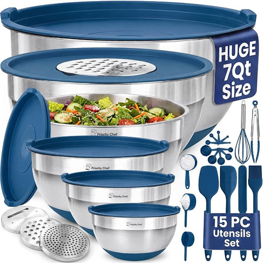 Priority Chef 6Pc Stainless Steel Mixing Bowls with Lids Set, Huge 7 Qrt Size Metal Bowl Set for Kitchen, 3 Graters, Non-Slip Bases & Silicone Utensils Set, Blue