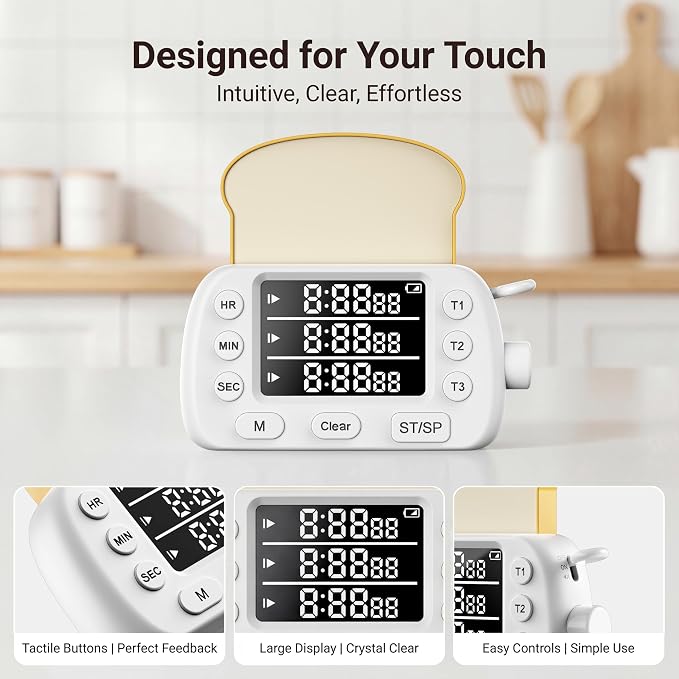 Digital Kitchen Timer for Cooking - 3-Channel Magnetic Countdown Timers with Memory Preset for Baking, Toaster, Eggs Includes Memo Notes (White)