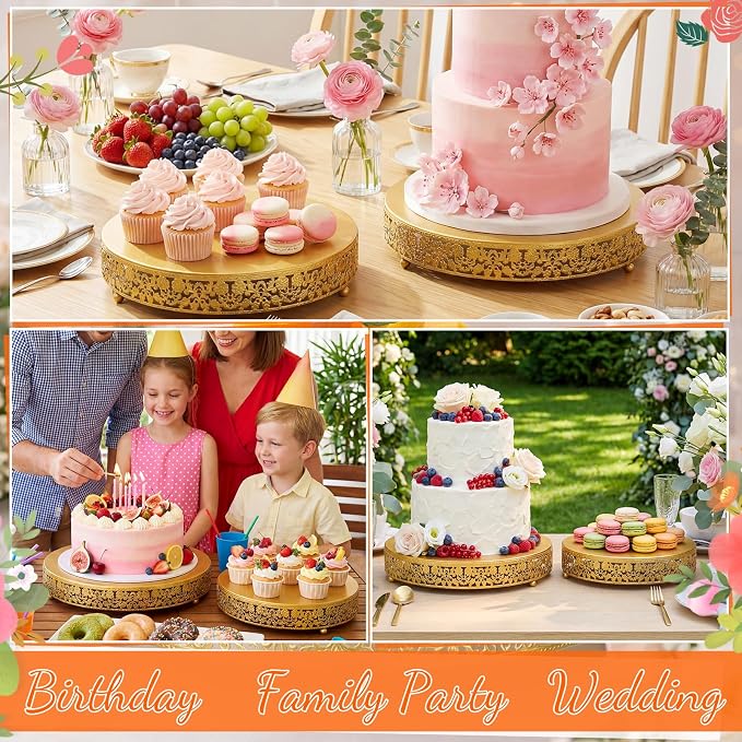 Wenqik 2 Pack Cake Stand Set, 14/16 Inch Metal Round Cupcake Dessert Stand Decorative Elegant Cake Display for Weddings Party Birthday Baby Showers Anniversary(Classic Floral,Gold)