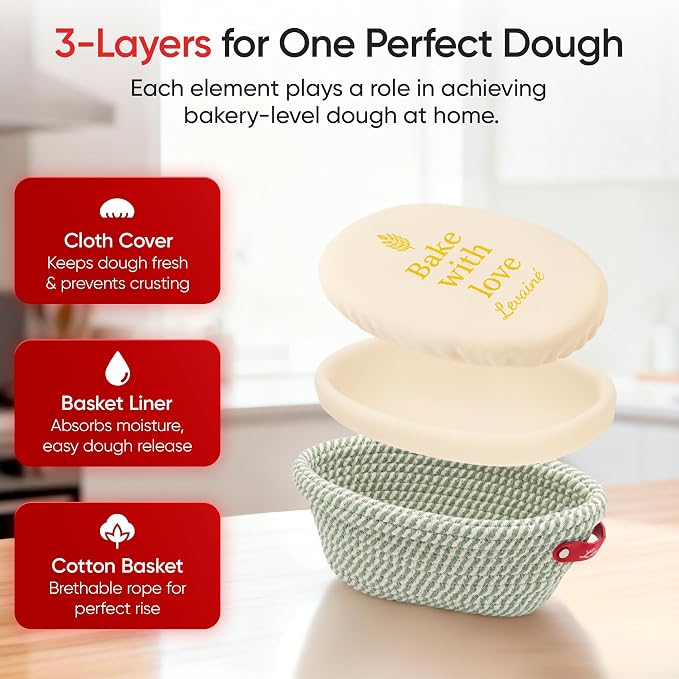 Levainé 2 Pack Cotton Rope Banneton Bread Proofing Basket Set, Round & Oval Sourdough Proofing Baskets with Liners and Covers, Washable Bread Baking Supplies for Homemade Artisan Bread