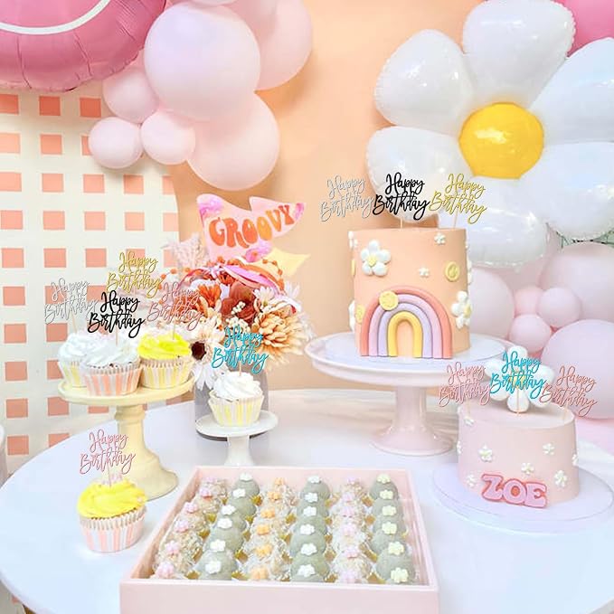 24 PCS Glitter Cupcake Toppers - Happy Birthday & Anniversary Picks - Multi 6 Colors