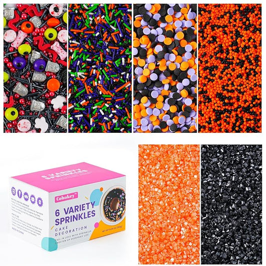 Halloween Sprinkles Mix - 6.35 oz 6 Variety Packs | Candy Eyeballs, Skull, Ghost, Tombstone, Black Orange Purple Green Nonpareils, Jimmies, Confetti & Sanding Sugar for Cake Decorating Cookies Cupcake Spooky Party
