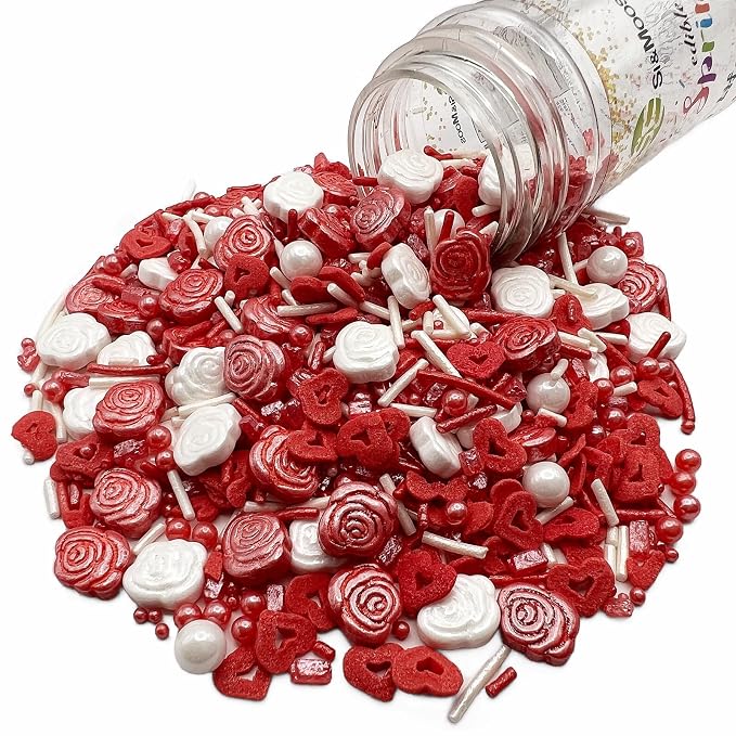 SE Si&Moos Valentine Sprinkles Edible Red and White Roses for Cake Decorating Heart Confetti Red and White Sprinkles for Cake Decorations, Baking, Ice Cream, Cookies, Cupcake Toppers Party Baby Shower Holiday Supplies 3 OZ