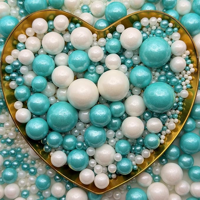 CandiJumpin Edible Pearls for Cake Decorating, Teal and White Pearl Sprinkles Teal Sugar Pearls Edible Cake Decorations White Pearl Sugar Sprinkles Cupcake Toppers Baby Shower Party Birthday Wedding Christmas Supplies 3 OZ