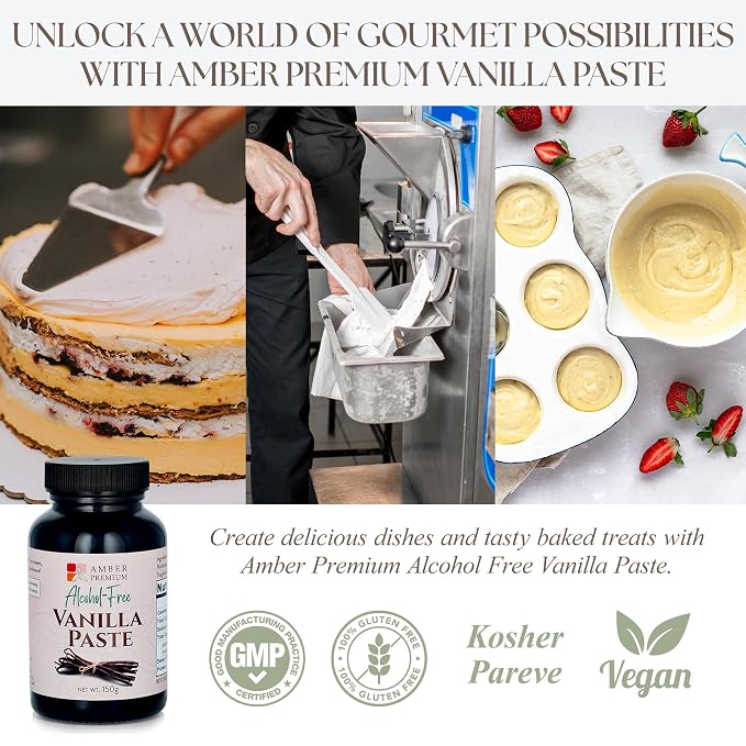 Amber Premium Alcohol Free Vanilla Bean Paste 150g / 4 fl oz (US) - Made with Authentic Madagascar Vanilla Beans - Vegan, Kosher, Chef Recommended for Baking, Desserts, and Pastries